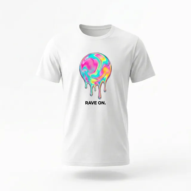 Custom tee showing a melting chrome smiley with acid trails
