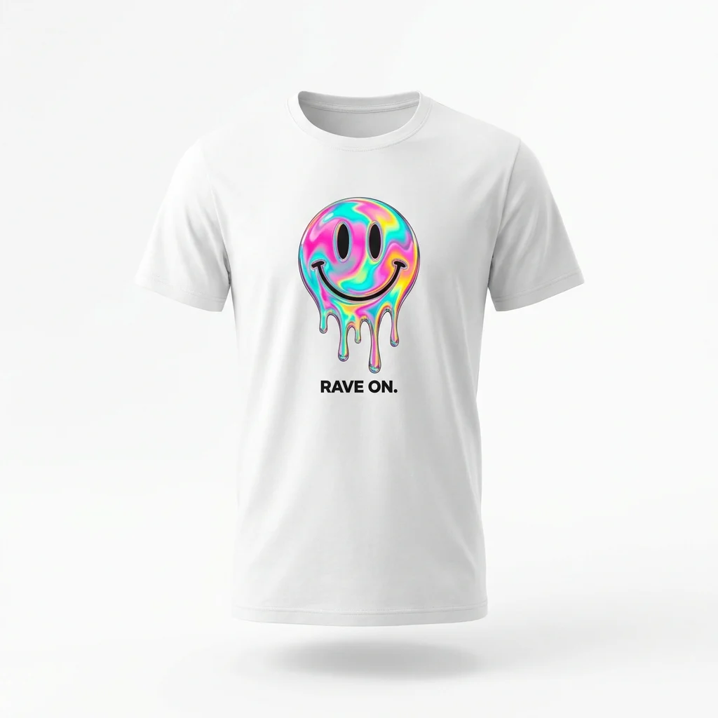 RAVE ON Smiley Tee — melting holographic smiley on white